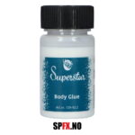 Hvit flaske med svrt kork. Teksten Superstar Body Glue på flaksen.